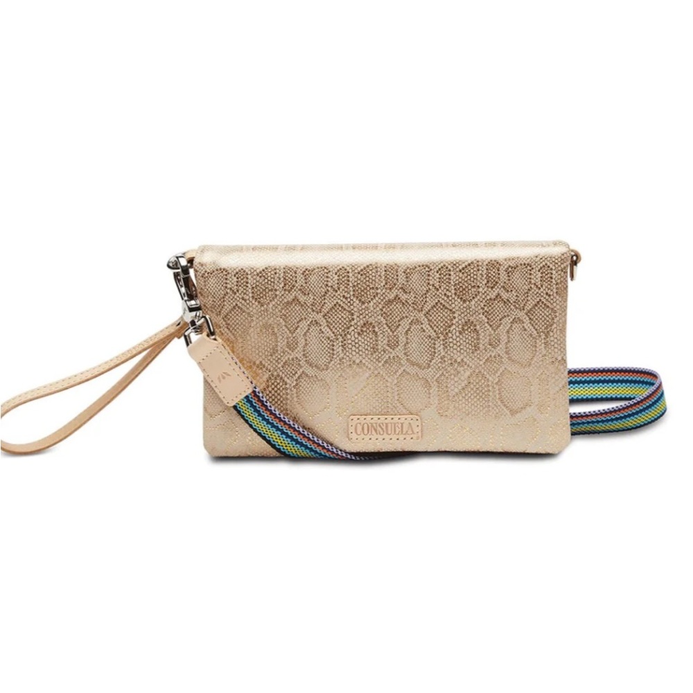 Consuela Gold Crossbody Bag with Multicolor Strap